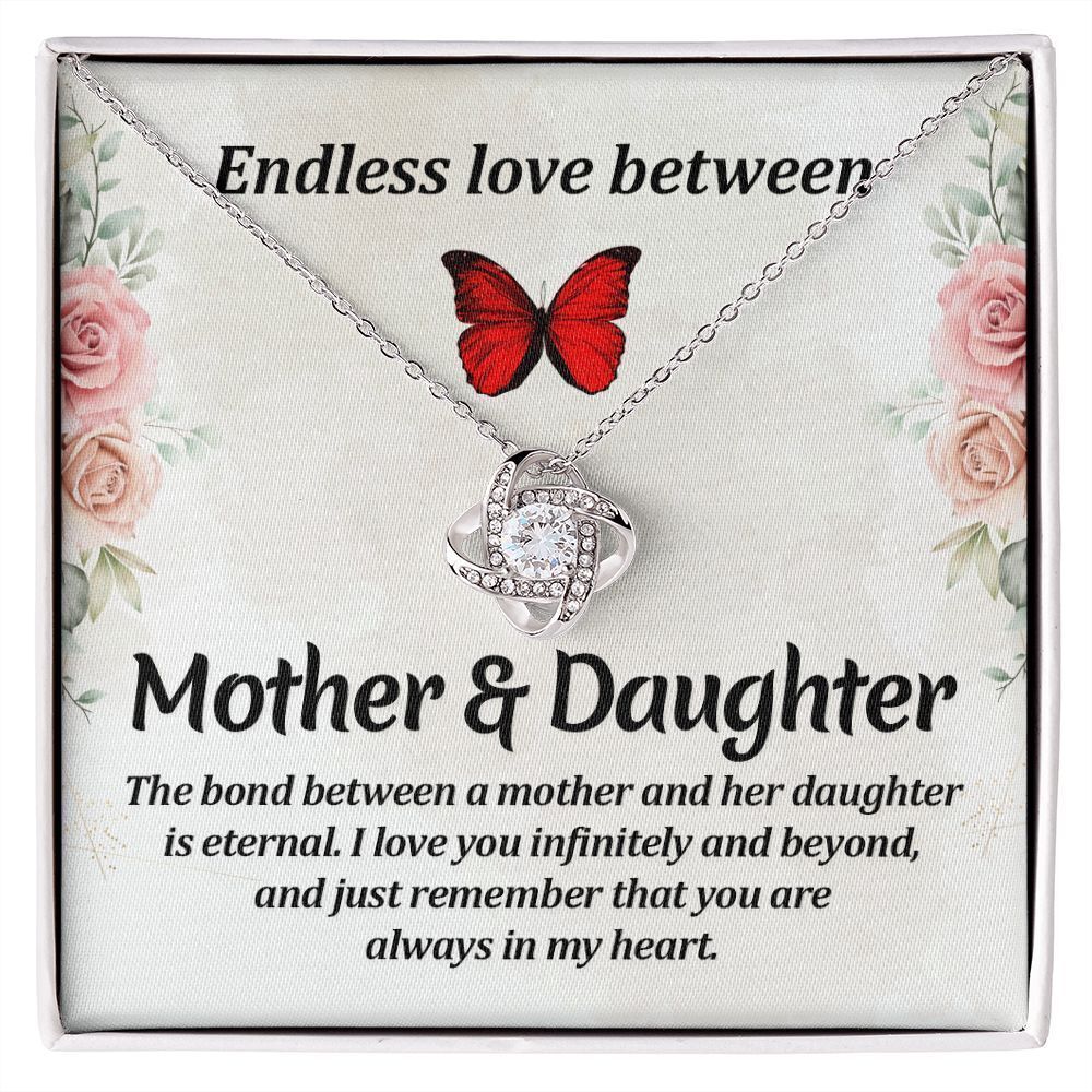Endless Love Between Mother Infinity Knot CZ Necklace Silver Tone Standard Box
